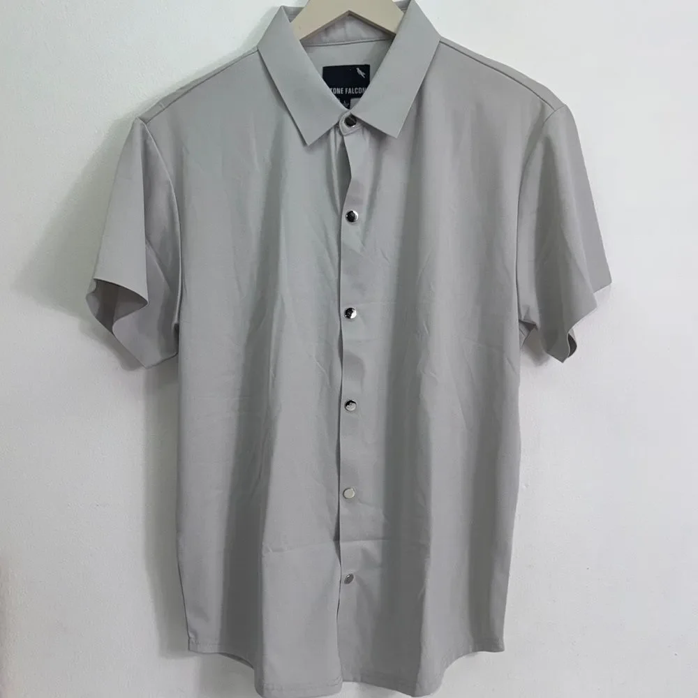 Men's Casual Short Sleeve Button-Down Shirt - Light Gray Sz L NWT